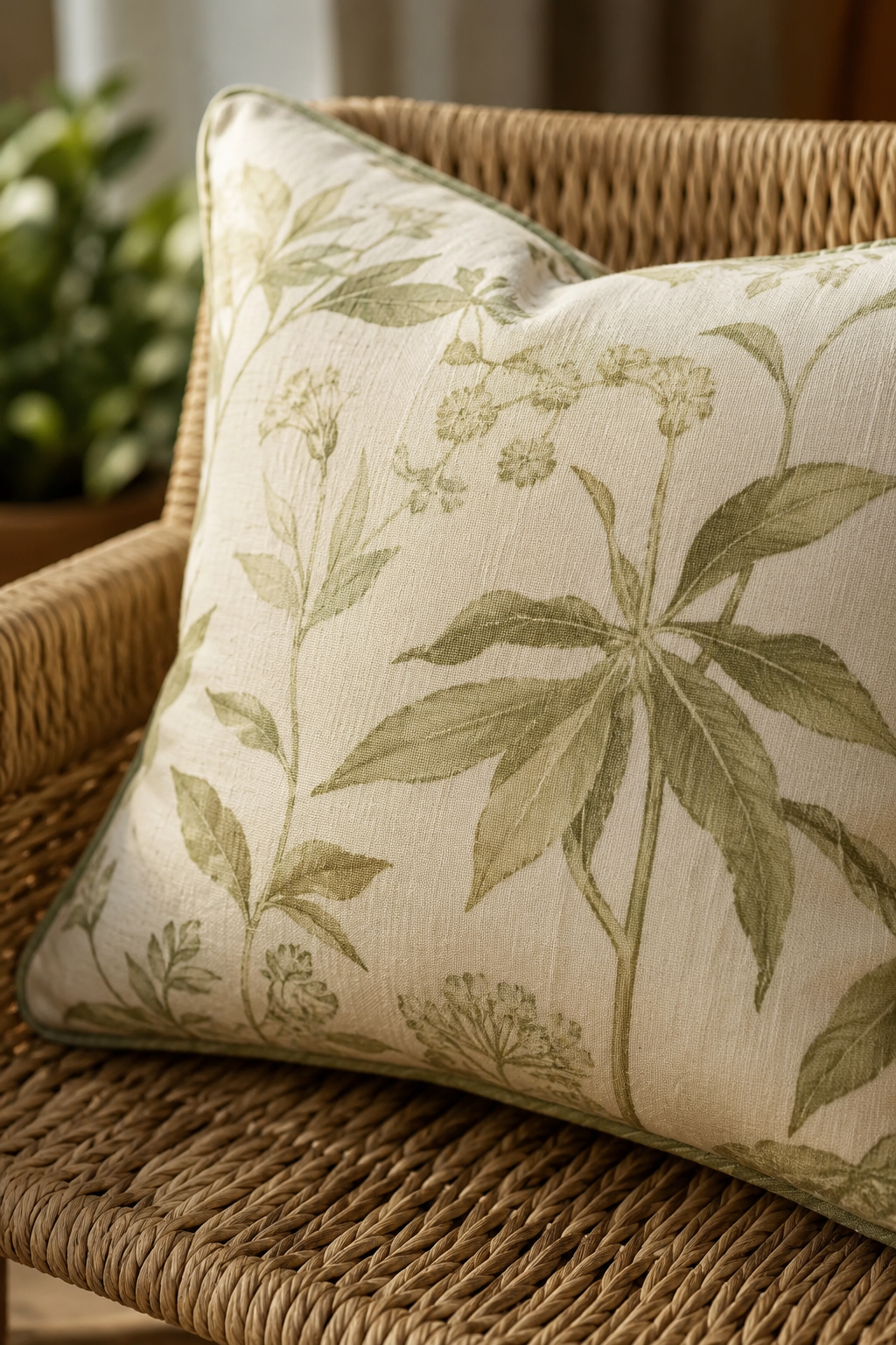 Botanical fabric cushion on woven furniture