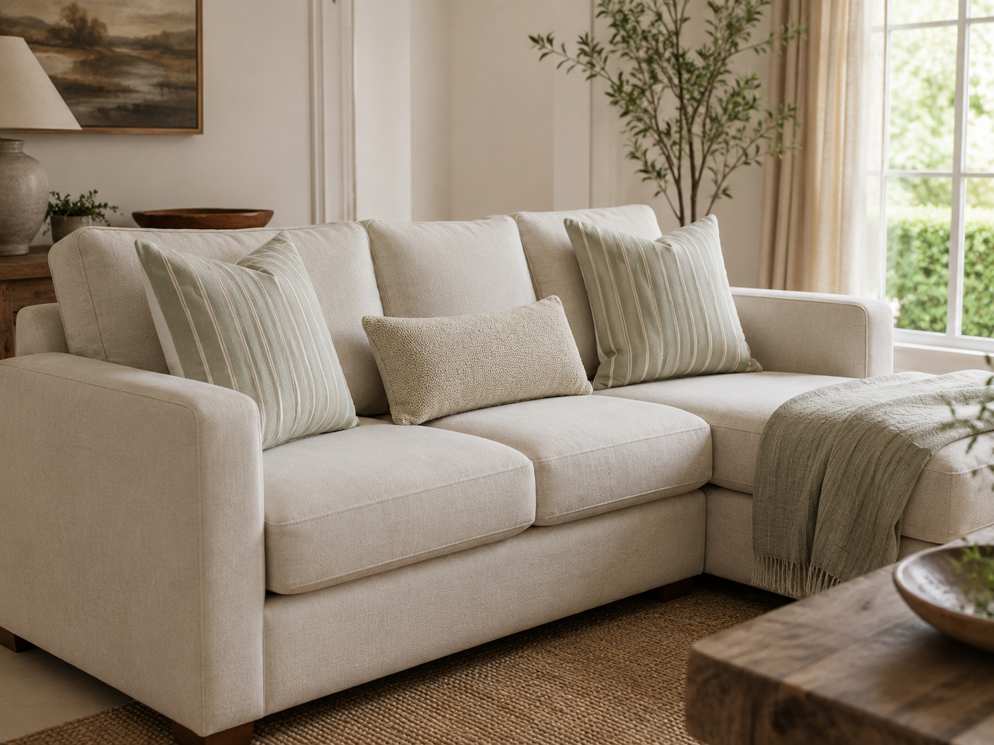 Custom lounge seat and back cushions in soft green stripes