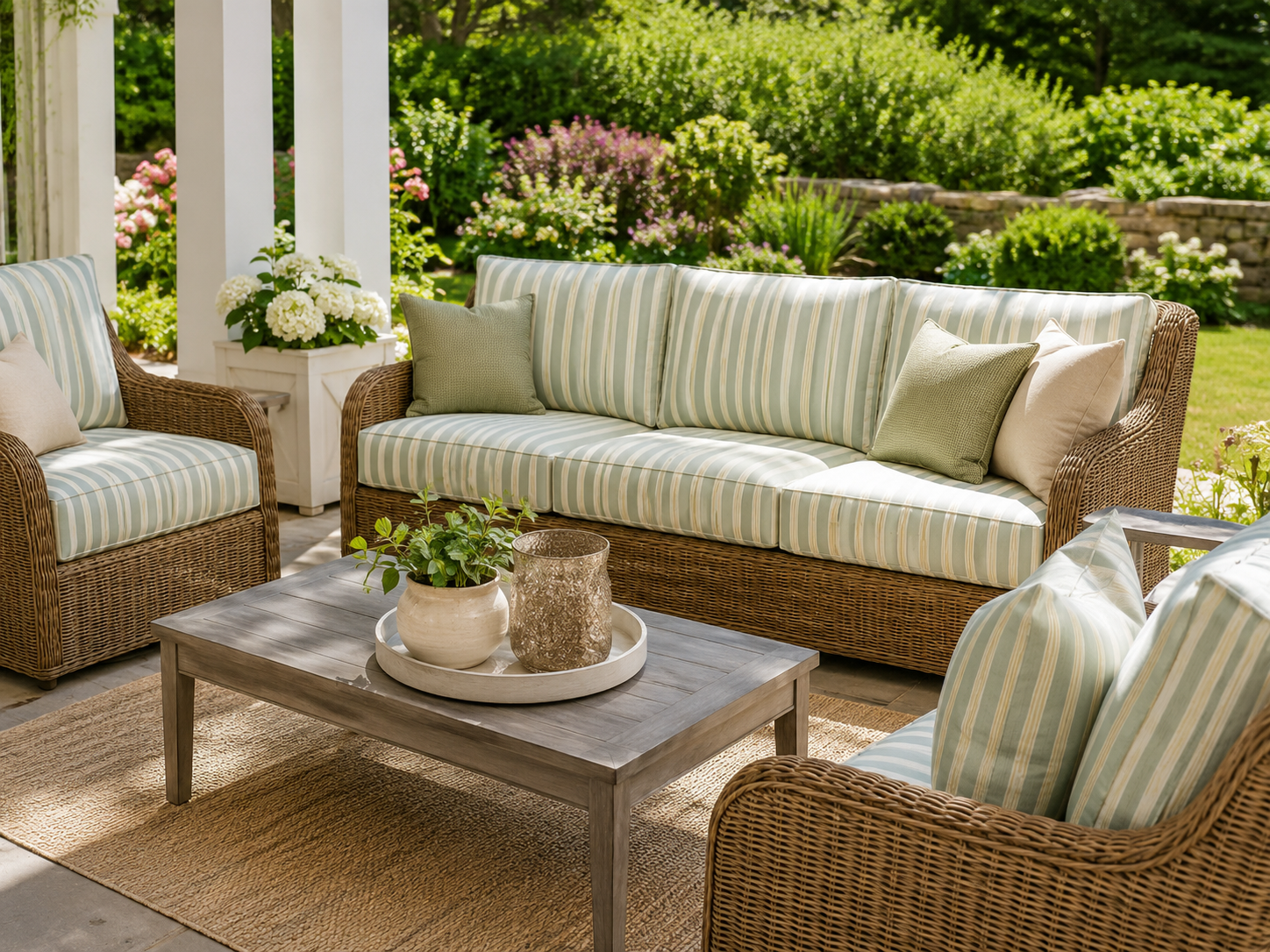 Outdoor woven suite with green and cream striped cushions
